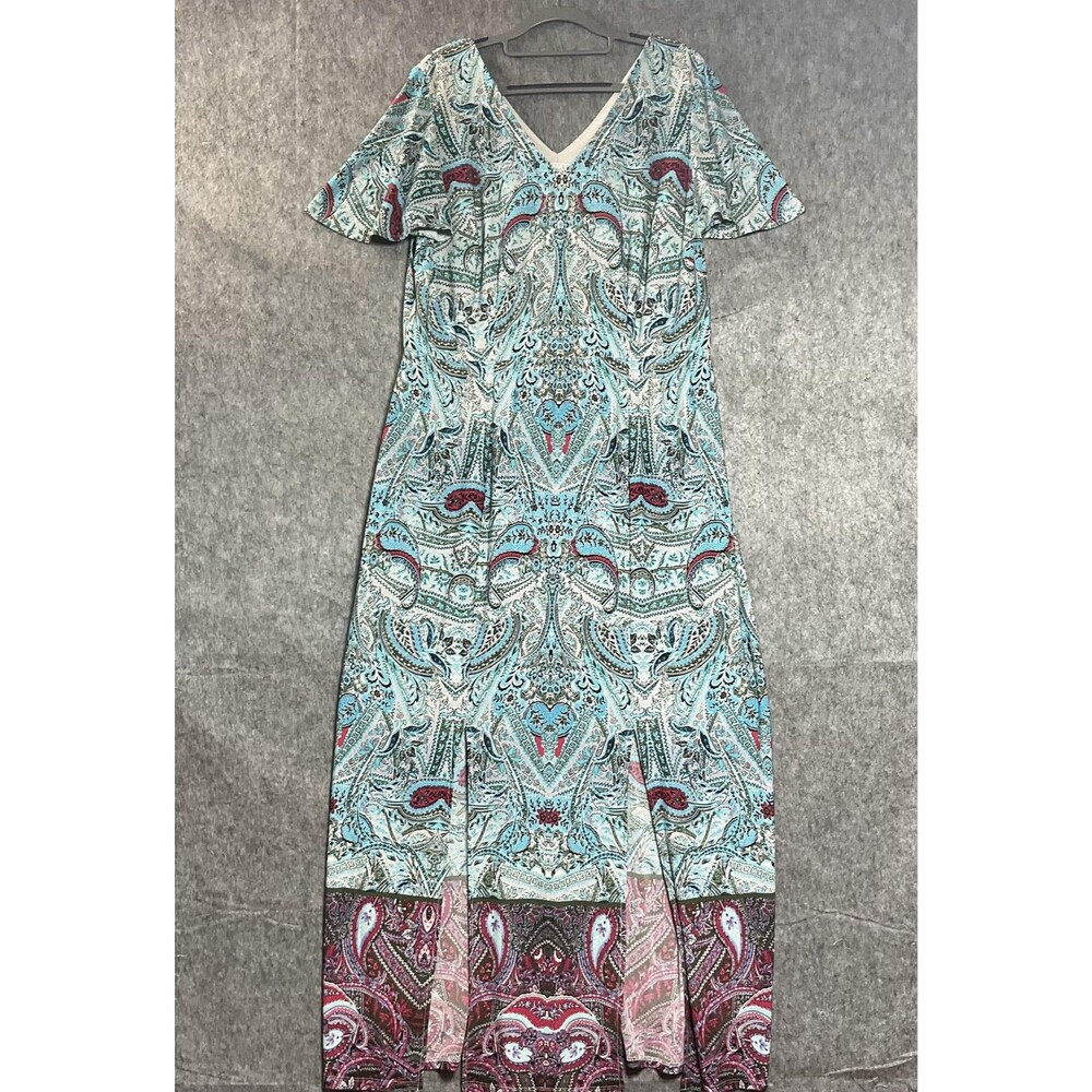 London Style Dress Womens Large Blue Paisley Boho V Neck Maxi Flutter Sleeve